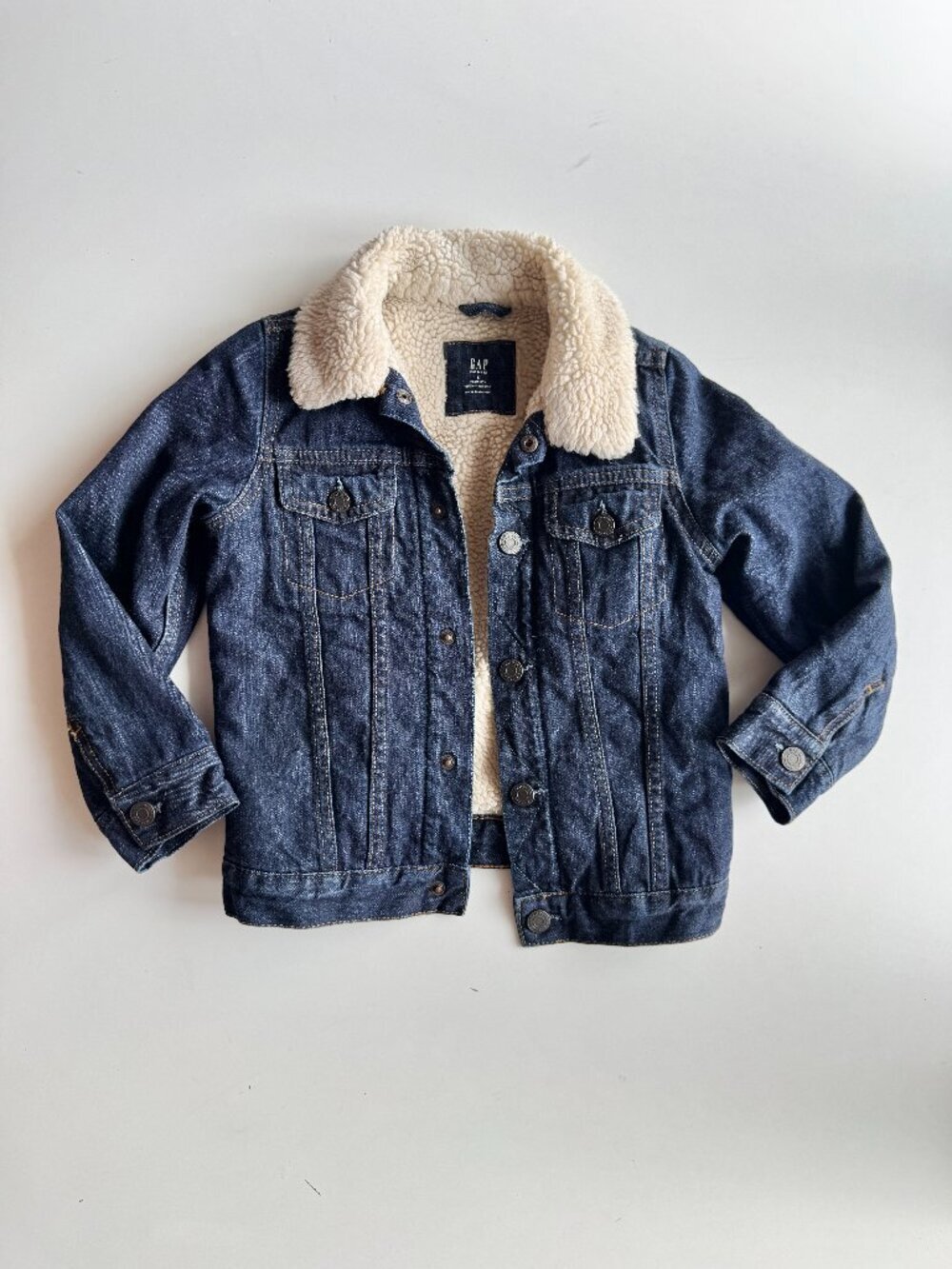 Boys' GAP Dark Rinse 100% Cotton Denim Shearling Lined Trucker Jacket, Size 5